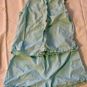Vtg Womens 100% Cotton Embroidered Ruffled Sleeveless Top & Shorts XL.Sea Green